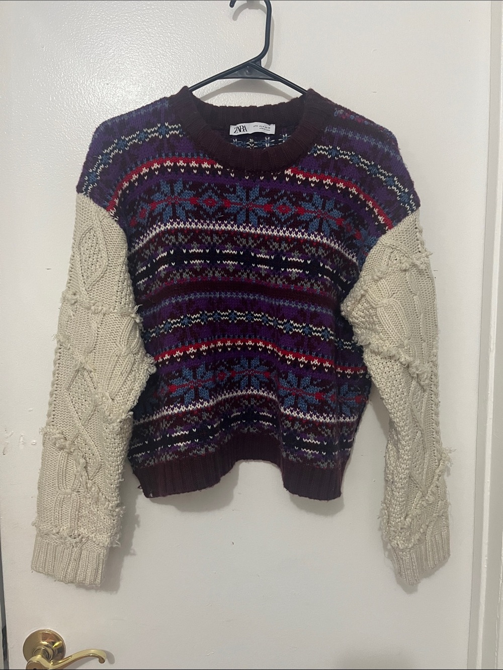 Zara Multicolor Fair Isle Sweater with Cream Cable Sleeves
